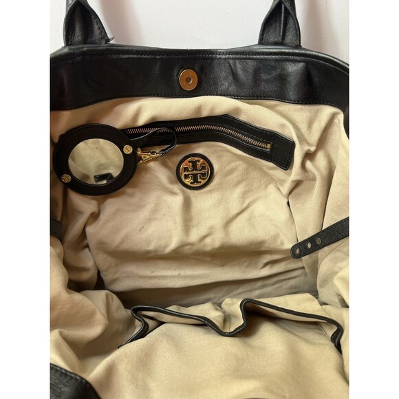 Tory Burch Black Soft Leather Large Slouchy Tote Gold Accents Lipstick Mirror - Picture 6 of 7